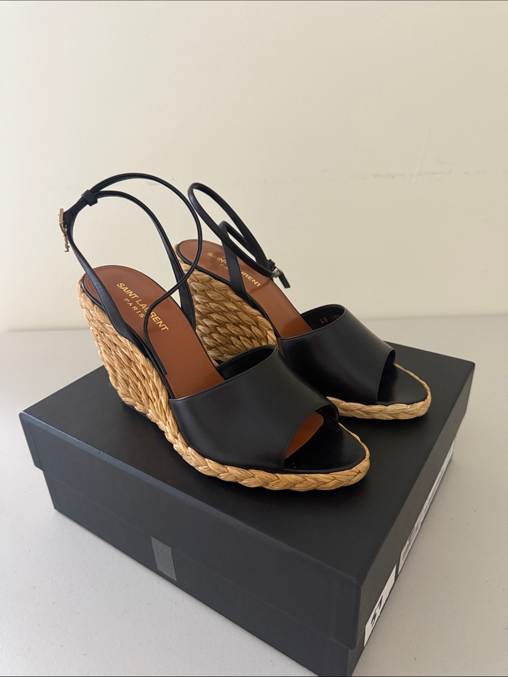 Saint Laurent Black Leather Raffia Wedge Sandals